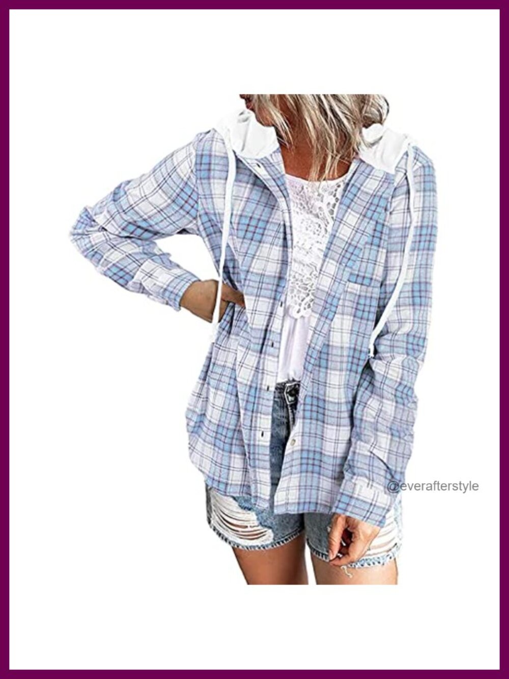 Womens Plaid Flannel Hoodie Shacket Button Down Loose Fit Casual Top